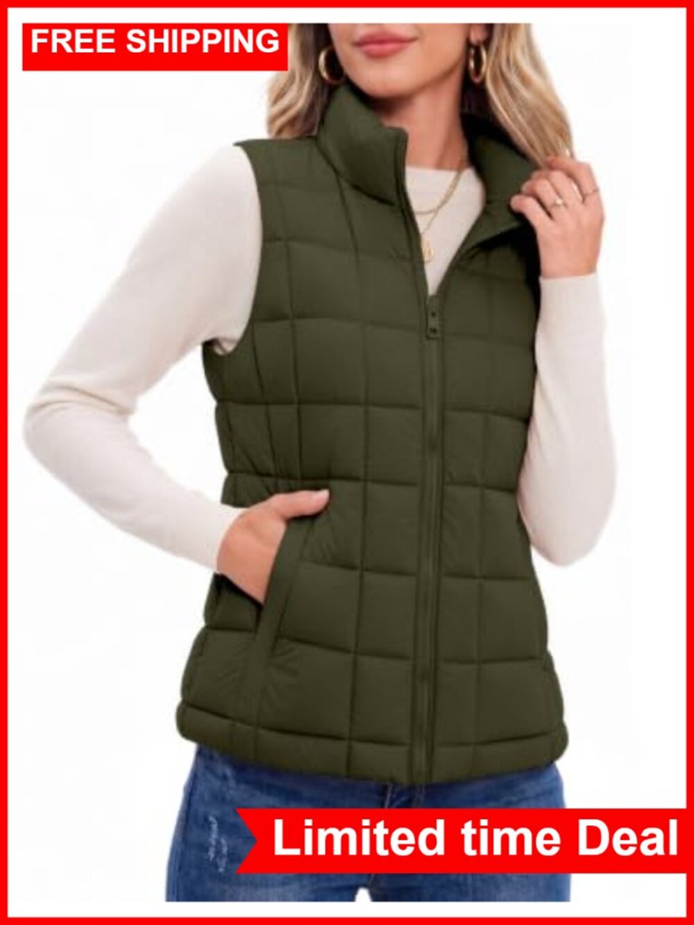 Lightweight Quilted Puffer Vest Stand Collar Zip Up Sleeveless Outerwear